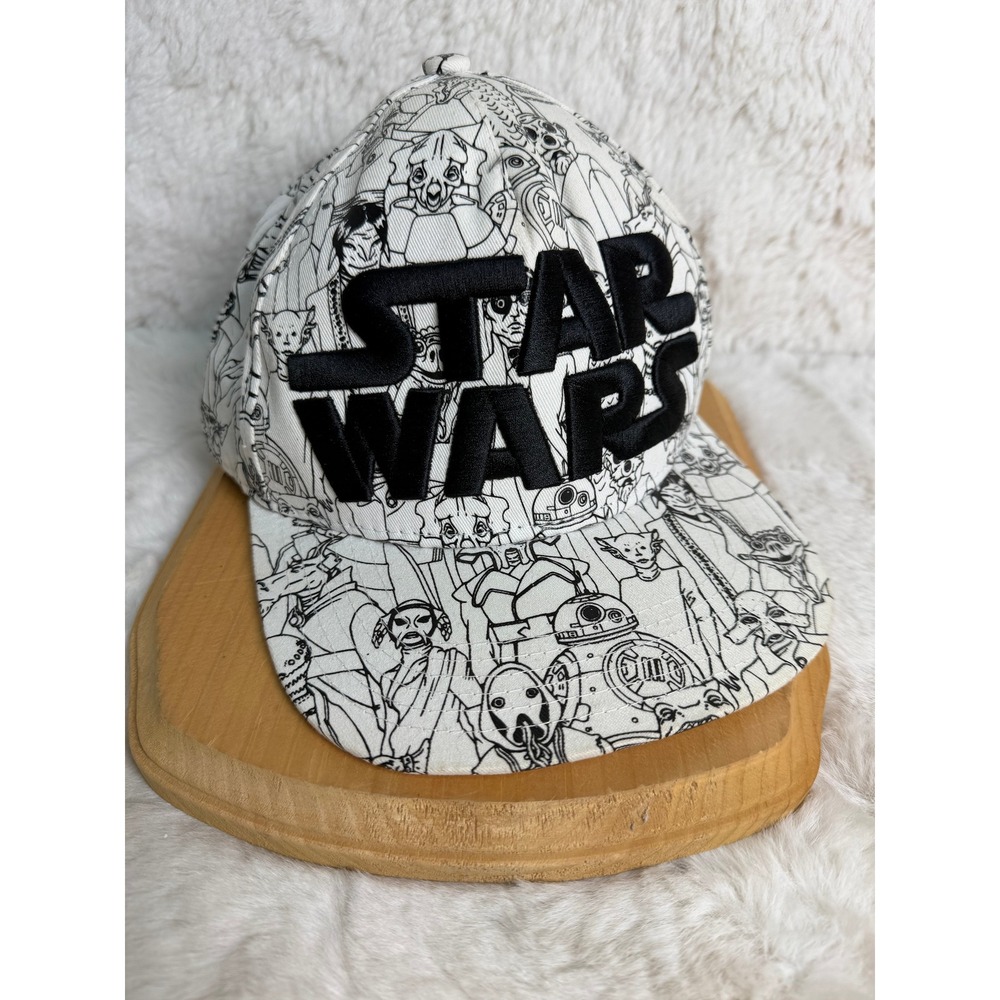Star Wars All Over Character Print Snapback Hat White Black Embroidered Logo